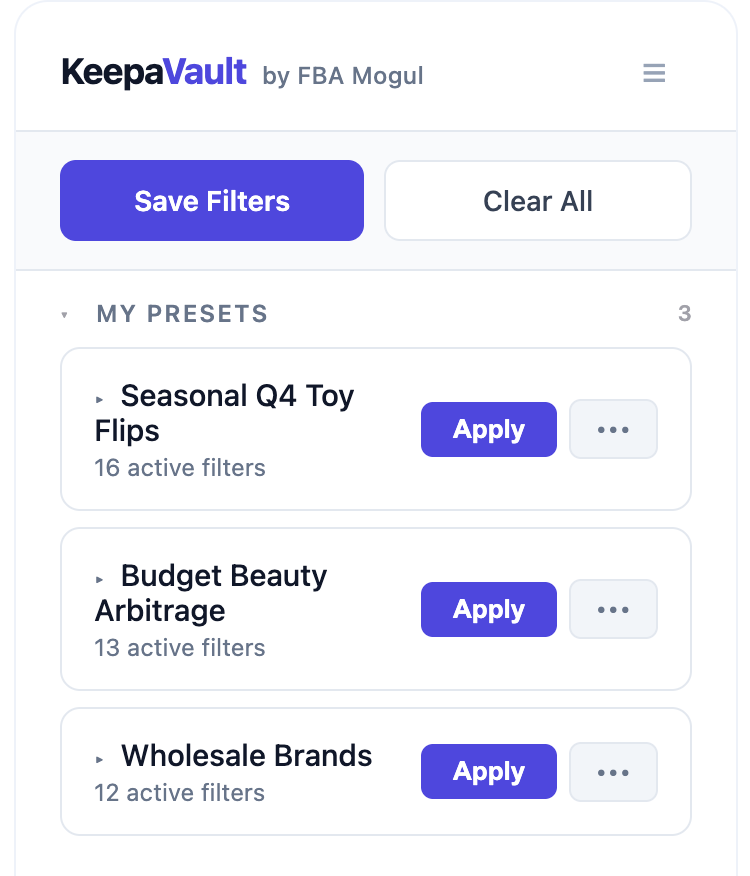 KeepaVault extension showing grouped presets with Apply buttons and recent strip